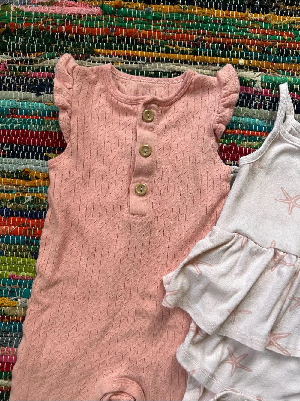 Cloud Island Peach Ribbed Romper & Gerber Starfish Print Ruffled Onesie 18 MOS